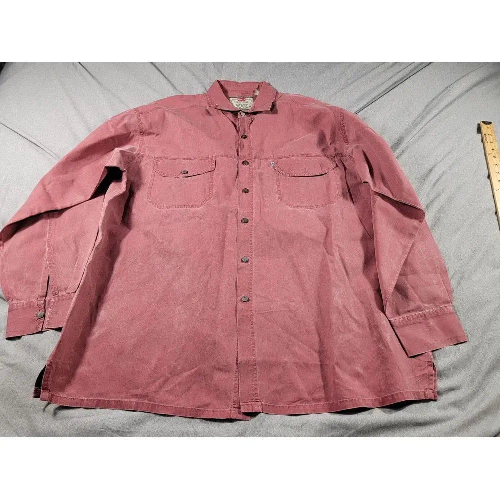 VTG 90s Levis Metal Button Front Long Sleeve Faded Red White Tab Shirt XL‎